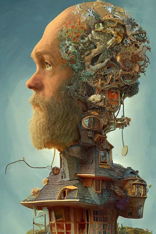 Prompt: A man with a house growing out of the top of the head, art deco design, by Mandy Jurgens and Warhol, Ernst Haeckel, James Jean, artstation, concept art