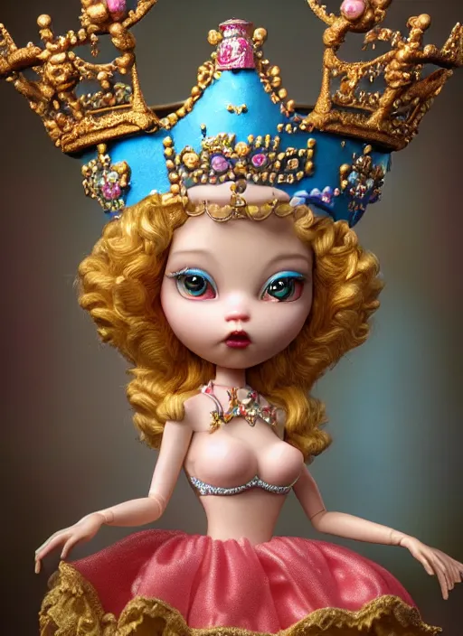 Image similar to highly detailed closeup, profile portrait of a tin toy fairytale princess wearing a crown, bikini, unreal engine, nicoletta ceccoli, mark ryden, earl norem, lostfish, global illumination, detailed and intricate environment
