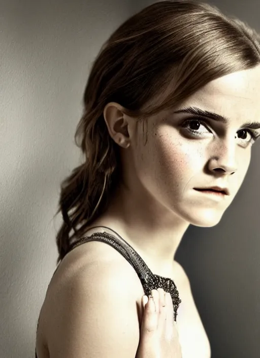 Image similar to photo emma watson standing looking at the camera, photo in the style of petter hegre, very intricate photorealistic