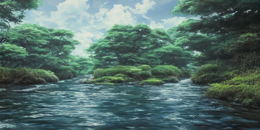 Prompt: a river, cinematic angle, studio Ghibli, digital art, cinematic lighting, detailed oil painting, hyperrealistic, 8k