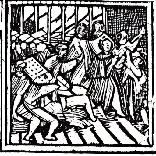 Prompt: summer swimming party medieval woodcut