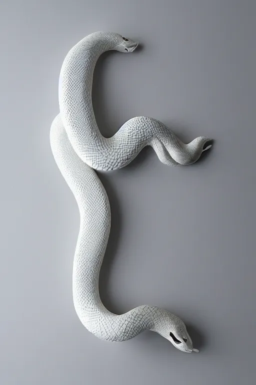 Prompt: porcelain snake sculpture by daniel arsham, smooth, all white features on a white background, delicate feature's