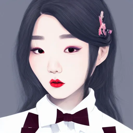 Image similar to portrait of a beautiful korean girl wearing a men's tuxedo, with long hair and bangs, angular features, angry expression, digital art, elegant pose, detailed illustration