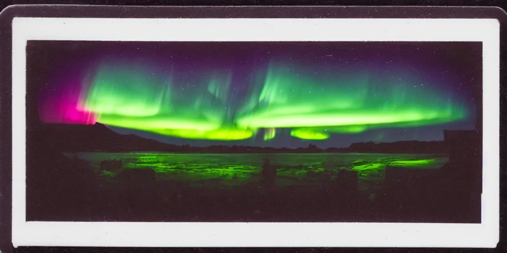 Image similar to polaroid photo of the northern lights, rich colors, lens flare