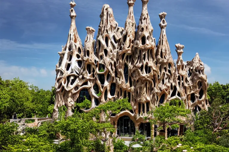 Prompt: imagine if nature was designed by gaudi, 4 k nature photography, intricately detailed wide shot of architecture blending and merging with overgrown nature, mother nature, award winning architecture blown glass facade design