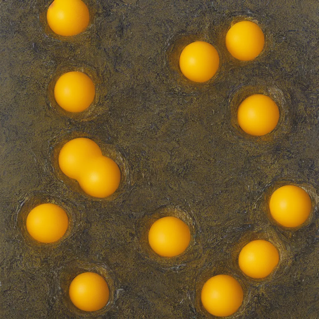Prompt: eggyolks from above floating on water, zdzislaw beksinski, wideshot, 8 k, yellow