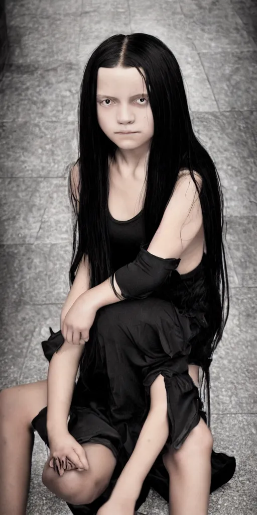 Image similar to photo of lonely young girl with straight long black hair wearing black dress and sitting on bathroom floor, photo made by mario testino and vanessa beecroft, render by artgem and alphonse mucha for capcom co, resident evil