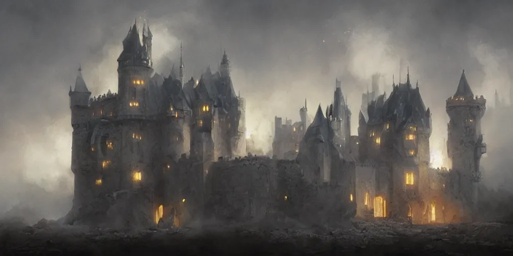 Image similar to A castle made out of white stone burning from the inside, rising smoke, dark fantasy, nighttime, hyper realistic, by greg rutkowski, trending on artstation