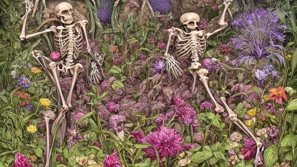 Image similar to highly detailed illustration all the known species of flowers growing from a human skeleton, by juan gatti!!, by gottfried bammes, by george bridgman, by moebius!, by oliver vernon, by joseph moncada, by damon soule, by manabu ikeda, by kyle hotz, by dan mumford, by kilian eng