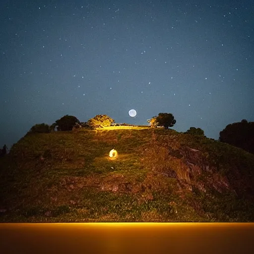 Prompt: “moon lighting up small island in middle of lake at night”