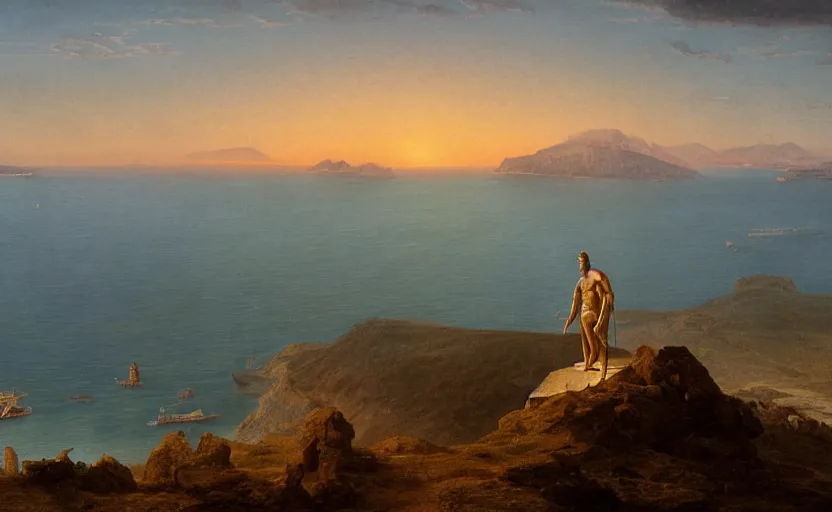 Image similar to colossus of rhodes on a hill overlooking the ocean, close up shot, at dusk, distant mountains, 4k, rule of thirds, extreme detail, hazy water, intricate ink illustration, trending on artstation, cgsociety, hd, calm, complimentary colours, realistic lighting, by Albert Bierstadt, Frederic Edwin Church.