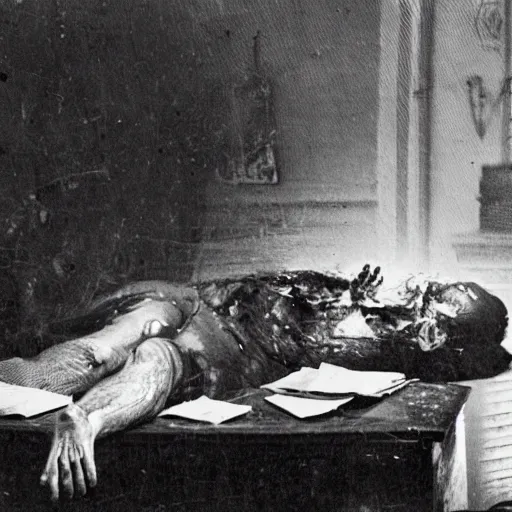 Prompt: a photograph photo of a rabbi lying on his desk, dead and twisted by a curse, leaking ooze from his ears and eyes and skin into a puddle, covered in ectoplasm