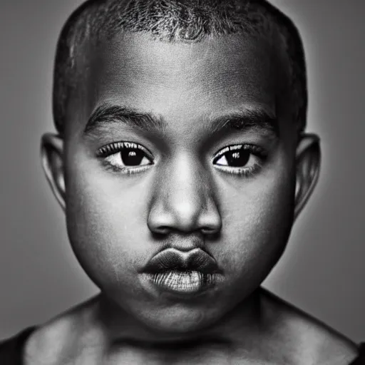 Prompt: the face of young kanye west wearing yeezy clothing at 6 years old, black and white portrait by julia cameron, chiaroscuro lighting, shallow depth of field, 8 0 mm, f 1. 8