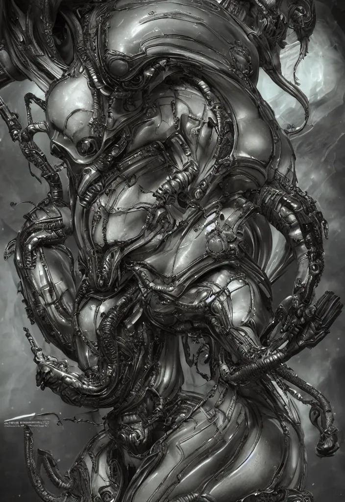 Image similar to engineer prometheus, xenomorph alien, highly detailed, symmetrical long head, smooth marble surfaces, detailed ink illustration, raiden metal gear, cinematic smooth stone, deep aesthetic, concept art, post process, 4k, carved marble texture and silk cloth, latex skin, highly ornate intricate details, prometheus, evil, moody lighting, hr geiger, hayao miyazaki, indsutrial Steampunk