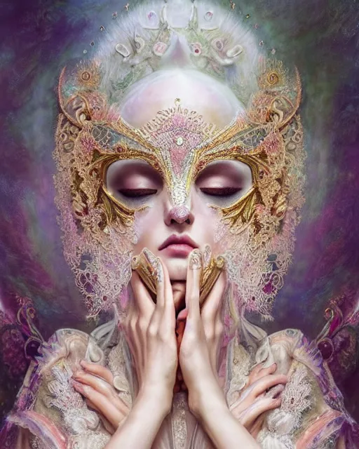Prompt: beautiful ethereal maiden in a ivory masquerade mask intricate ornate fractal-lace and gemstones, wearing stunning ivory dress, pastel color palette, full view, soft lighting, vivid, Hyperdetailed, 4k hd matte painting by Artgerm, Greg Rutkowski, Klimt, James Jean, 8k resolution, enchanting and otherworldly, Artstation, rendered in octane, Hyperdetailed, front view