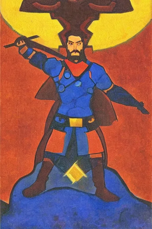 Image similar to thor with hammer, marvel, artwork by nicholas roerich,