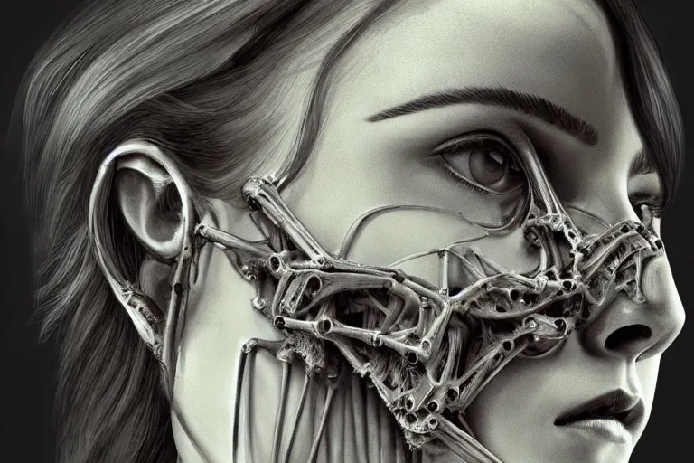 Image similar to emma watson by h. r. giger, light blue tint, biomechanical, concept art