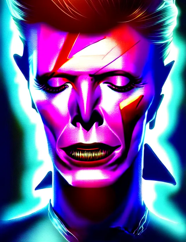 Prompt: portrait of david bowie, intricate, perfect anatomy, neon lighting, highly detailed, digital photography, artstation, stylish pose, concept art, smooth, sharp focus, illustration, art by artgerm and greg rutkowski