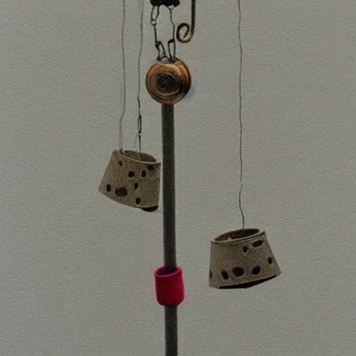 Prompt: This is a sketch of a wind chime made from the pieces of a broken mug. It shows the mug handle as the top piece with strings attached to it, and the bottom pieces of the mug hanging down like little bells