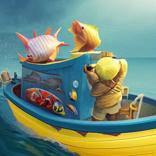 Image similar to the mogwai gizmo goes deep sea fishing in a sportfisherman boat. gizmo is fishing for swedish fish candy by using gummi worm candy as bait. photorealistic digital art, epic fantasy, dramatic lighting, cinematic, extremely high detail, cinematic lighting, trending, artstation, cgsociety, 3 d ue 5, 4 k, hq