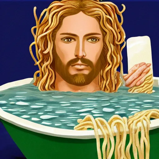 Prompt: Jesus in a bathtub full of noodles