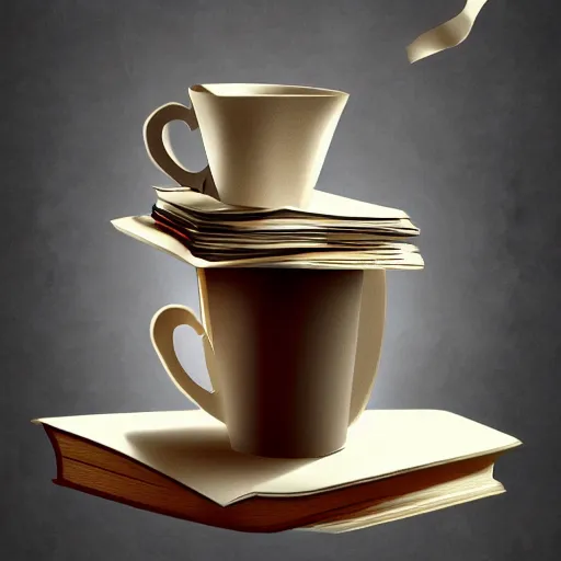 Image similar to Poster of a Teacup on a stack of books, digital art, award winning, trending on artstation