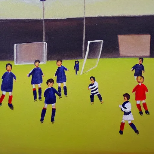 Image similar to painting of soccer game played by cows