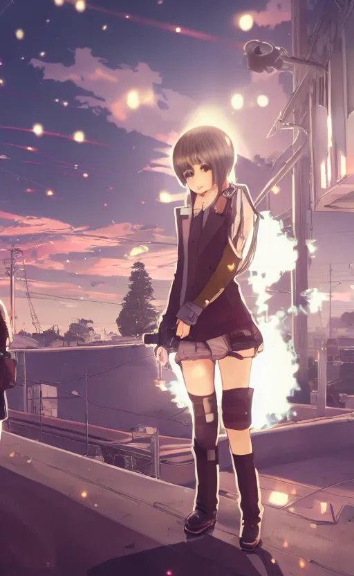 Perspective view of sci-fi cute anime girl with a pixie haircut and dark  hair wearing stylish outfit