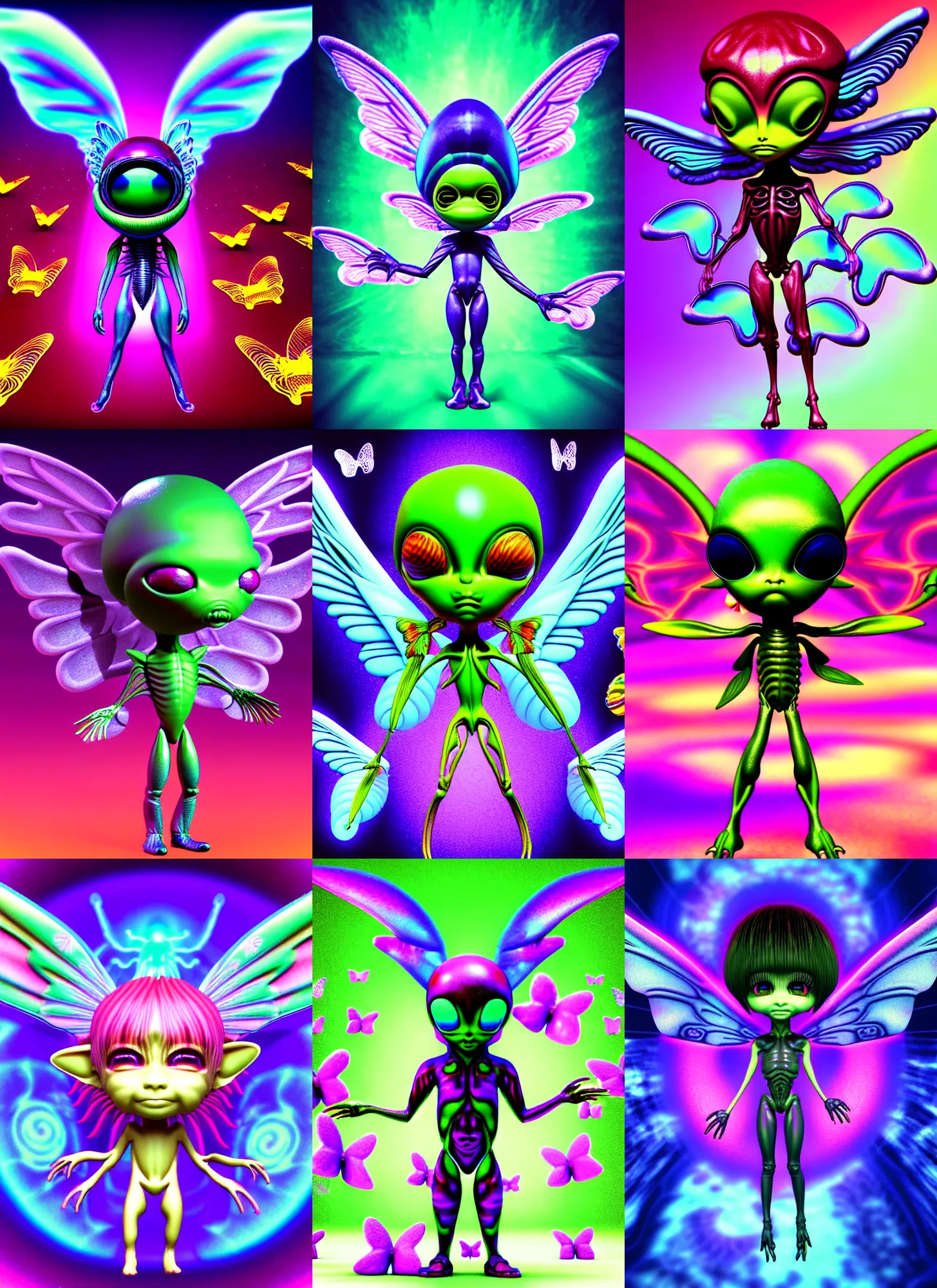 Prompt: 3d render of chibi alien by Ichiro Tanida 3D render wearing angel wings against a psychedelic swirly background with 3d butterflies and 3d flowers n the style of 1990's CG graphics 3d rendered y2K aesthetic by Ichiro Tanida, 3DO magazine