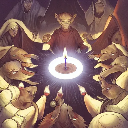 Image similar to acolytes using demonic candle lit summoning circle to summon a puppy by magali villeneuve and by wlop