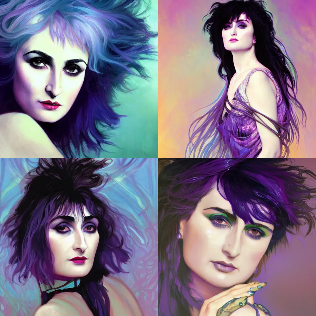 Prompt: siouxsie sioux, digital portrait with high quality brushstrokes and ethereal lighting, flowing hair, lavender and periwinkle tones, alphonse mucha, wlop, Janice Sung, artstation, deviantart, pixiv