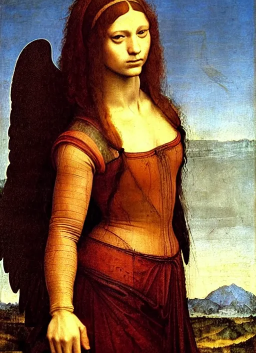 Image similar to renaissance portrait of a girl with long hair and demon wings in front of a post - apocalyptic landscape, art by leonardo da vinci, raffaello, donatello