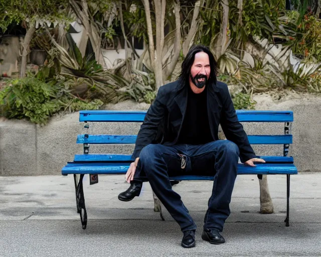 Image similar to 5 5 mm photo of happy keanu reeves in blue jeans and black jacket sitting on a bench in the street. dof. lifelike. ultra detailed. intricate. soft light. nikon d 8 5 0.