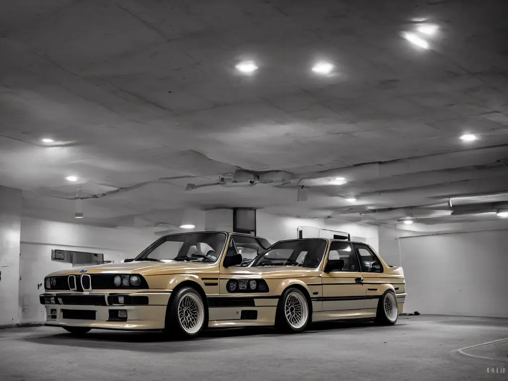 Image similar to a modified bmw e 3 0 with lights on in a futuristic neon parking garage, 3 5 mm photography, car photography, clean lines, realistic