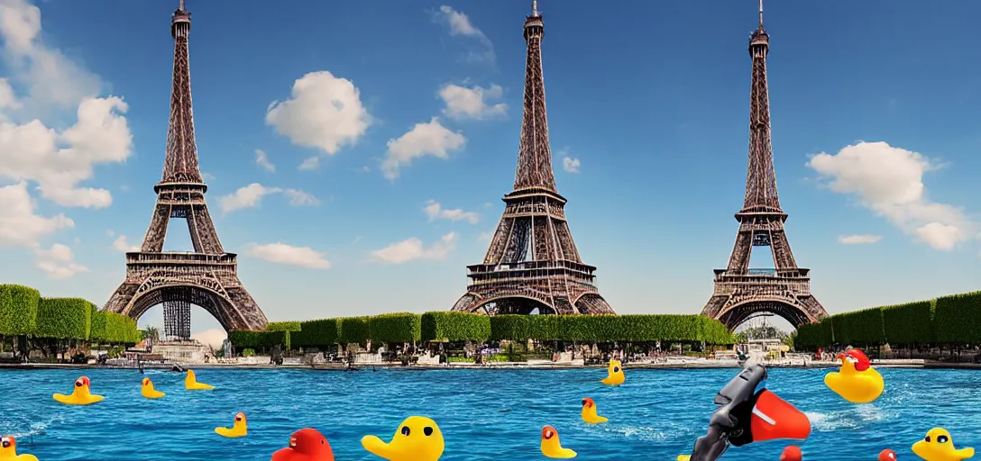 Image similar to super realistic, diver, Eiffel Tower, pond, rubber ducks, ultra high definition