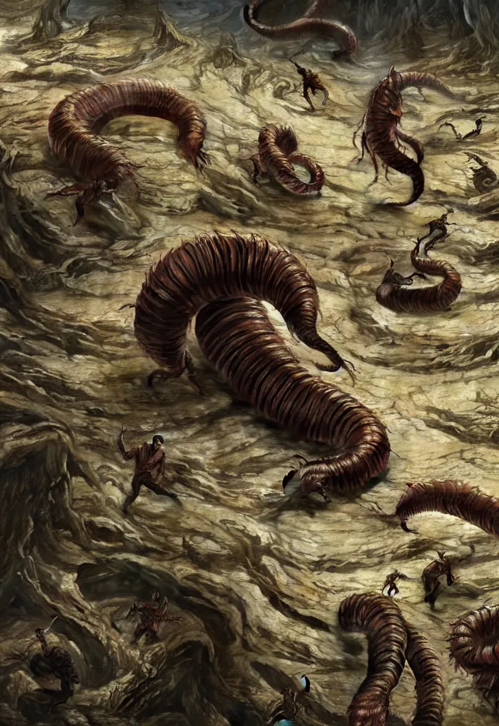 Prompt: people running terrified of the giant worm, high detail, 8k, ornate, nightmare, realistic, masterpiece, complex, WLOP, film still from the movie directed by Denis Villeneuve with art direction by Pablo Picasso and Greg rutkowski, centered