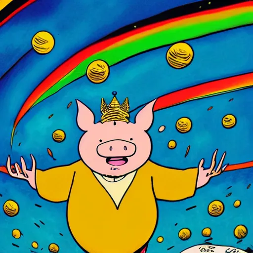 Image similar to trippy comic art of a obese pig wearing a gold crown throwing tan paper balls into the air, drawn by Martin Rowson, Tim Burton, Studio Ghibli, Alex Pardee, Nekro Petros Afshar, James McDermott, colors by lisa frank, unstirred paint, vivid color, cgsociety 4K