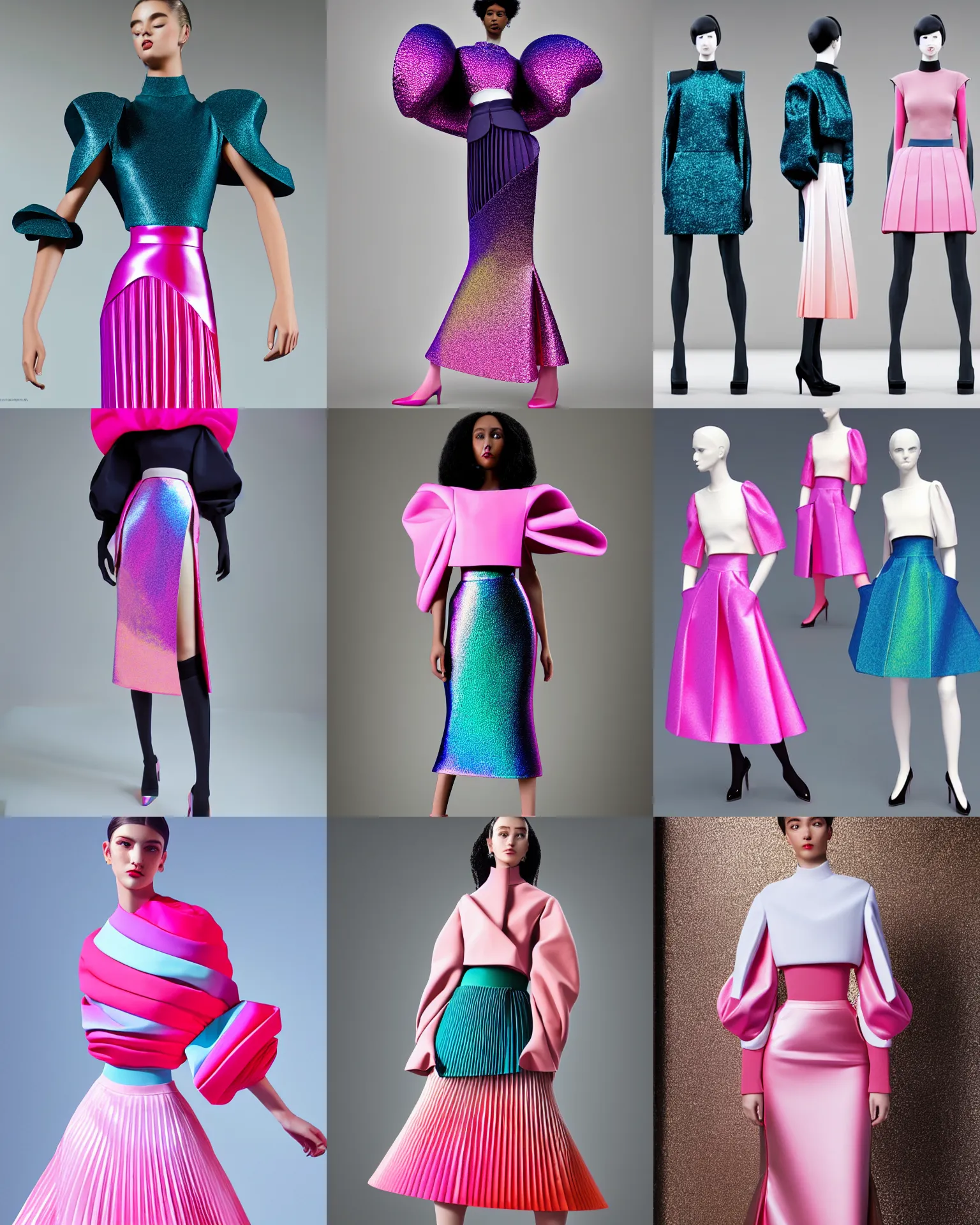 Prompt: designer figure collection ball shaped accordion sleeve haute couture, sailor uniform, midi skirt, coat pleats, synthetic curves striking pose, dynamic folds, cute huge pockets hardware, volume flutter, youthful, modeled by modern designer bust, body fit, award fashion, pink teal gradient scheme, holographic tones, expert composition, high detail, professional retouch, editorial photography