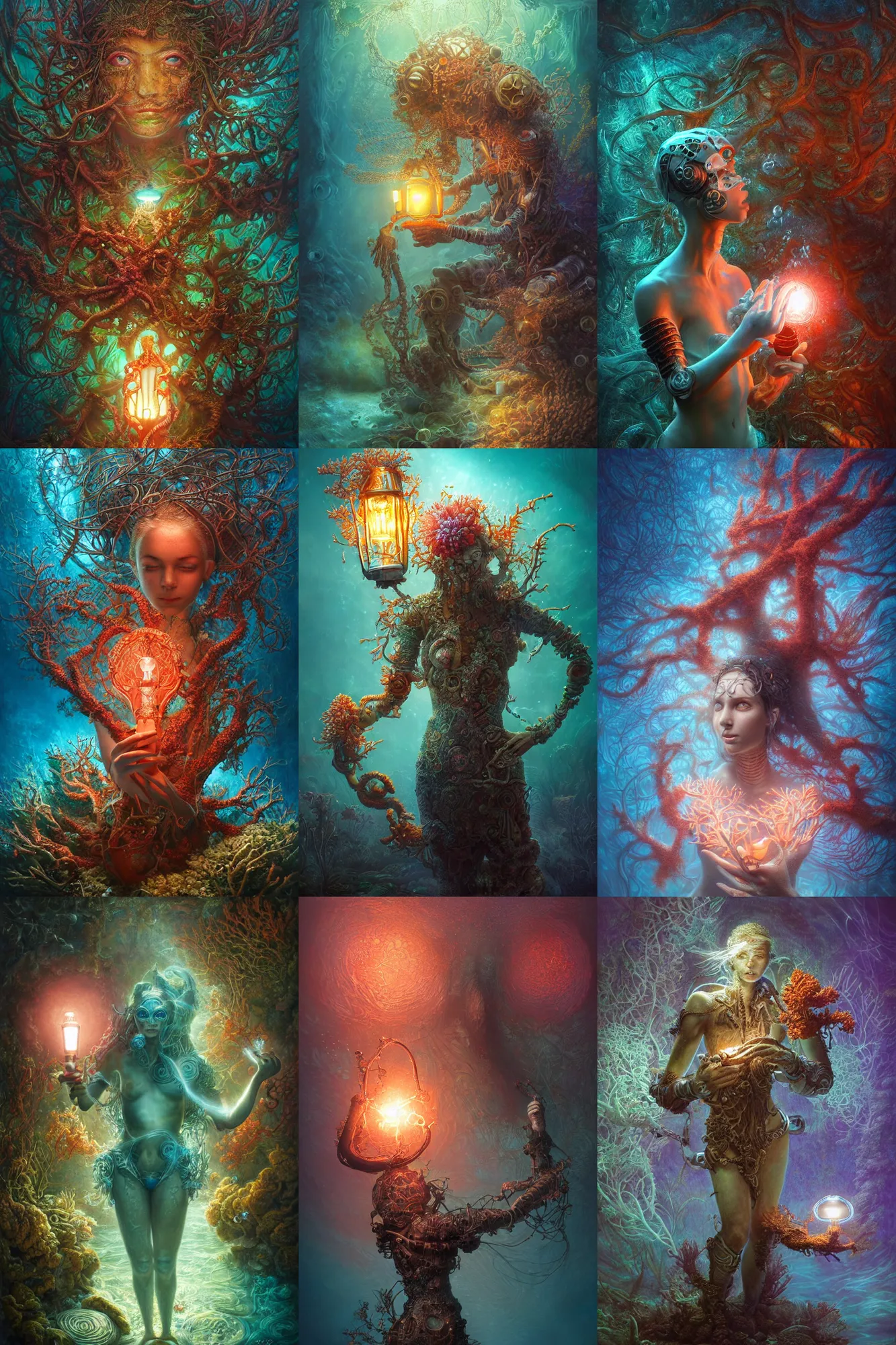 Prompt: a stunning ultra detailed underwater fantasy fine art photo of a futuristic cyborg holding a glowing lamp, overgrown with colorful coral, by tomasz alen kopera and zach sutton, water bubbles, very detailed, deep depth of field, 5 0 mm lens, soft lighting, artstation, highly coherent, 8 k