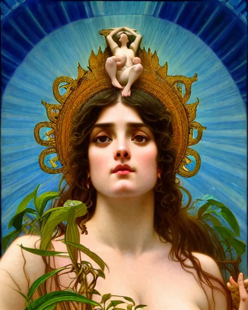 Image similar to goddess of nature, unusual beauty, emotionally evoking symbolic metaphors, head in focus, fantasy, ornamental, intricate, elegant, sensual, highly detailed digital painting, artstation, concept art, painterly, golden ratio, sharp focus, illustration, art by John William Godward and Rafael and Alphonse Mucha and Zdzisław Beksiński,