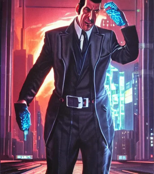 Prompt: a cyberpunk very ugly mafia boss in a suit with slicked back black hair played by adam sandler as an elf, 1 9 7 9 omni magazine cover, style by vincent di fate, artgerm, very coherent, detailed, 4 k resolution, bright, unreal engine, daz