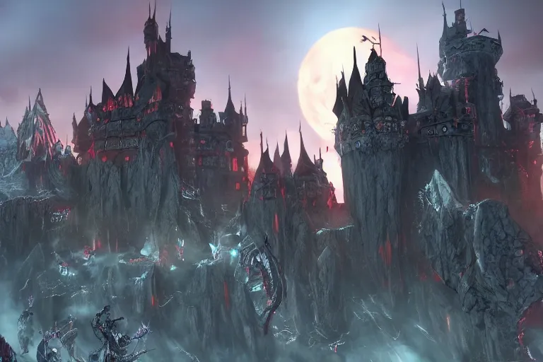 Image similar to big evil castle - city rock dark shadow elves, might and magic heroes vii, dark fantasy, shadows, artstation trending, unreal engine 5, red