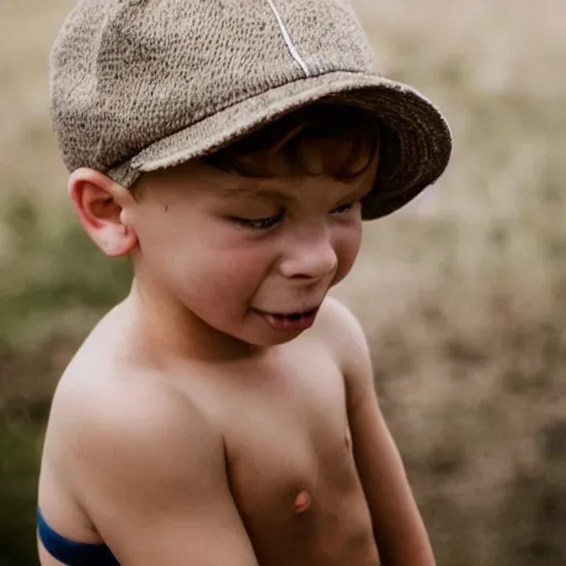 Prompt: blonde boy biting a hat