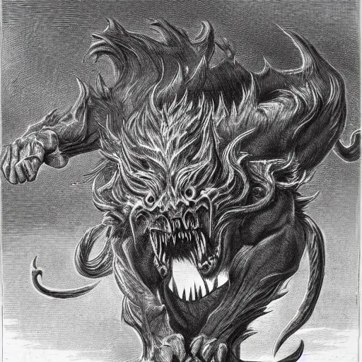 Image similar to full body grayscale drawing by Gustave Dore of muscled manticore beast growling with ferocious teeth, swirling flames in background
