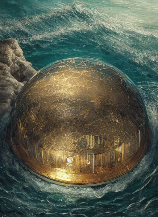 Image similar to masterpiece artwork of a underwater dome inside the ocean, au naturel, hyper detailed, digital art, trending in artstation, cinematic lighting, studio quality, smooth render, unreal engine 5 rendered, octane rendered, art style by klimt and nixeu and ian sprigger and wlop and krenz cushart