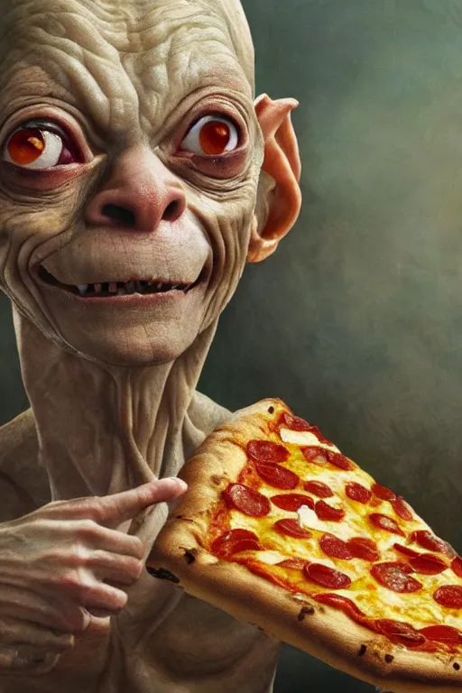 Prompt: gollum discovers pizza, oil on canvas, intricate, 8 k highly professionally detailed, hdr, cgsociety,