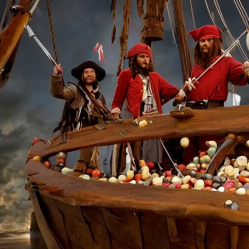 Prompt: pirates on a pirate ship unloading their treasure of skittles candy, epic adventure blockbuster movie.