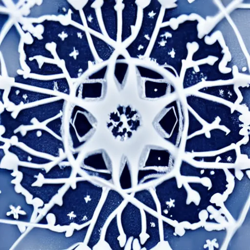 Image similar to close-up of an intricate snowflake against a navy backdrop
