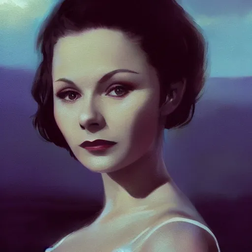 Image similar to a closeup portrait of a young vivian leigh, 1 9 7 0 s, city background, gorgeous view, sunset, film noir, depth, by seb mckinnon, by greg rutkowski, by igor kieryluk, digital art, trending on artstation