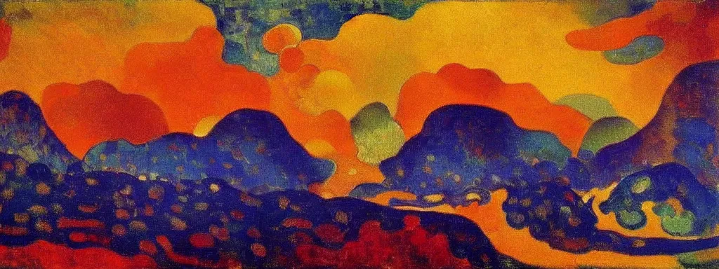 Image similar to An insane, modernist landscape painting. Wild energy patterns rippling in all directions. Curves, organic, zig-zags. Mountains, clouds. Rushing water. Waves. Psychedelic dream world. Ethereal. Odilon Redon. Andre Derain.